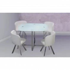 Conjunto Mesa de Comedor Fija Teca con 4 Sillas Cristal y Blanco