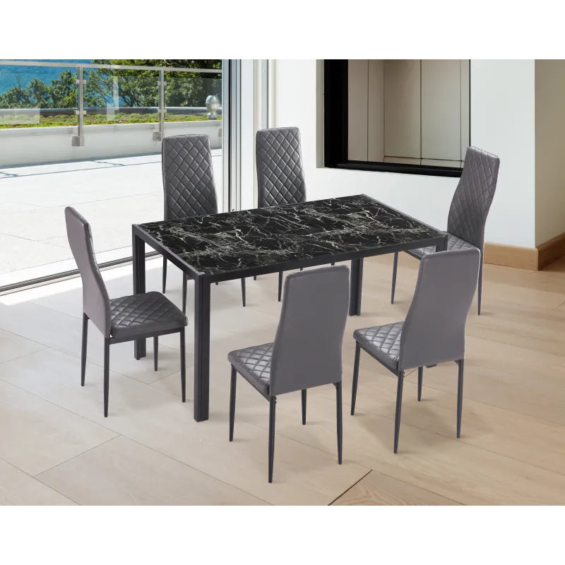 MESA COMEDOR FIJA TAPA CRISTAL MARMOL NEGRO