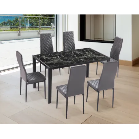 MESA COMEDOR FIJA TAPA CRISTAL MARMOL NEGRO