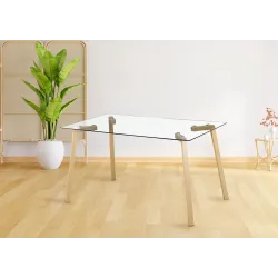 MESA COMEDOR FIJA TAPA CRISTAL SULLIE PATA MADERA MACIZA