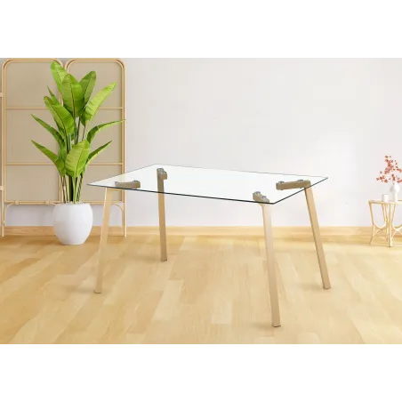 MESA COMEDOR FIJA TAPA CRISTAL SULLIE PATA MADERA MACIZA