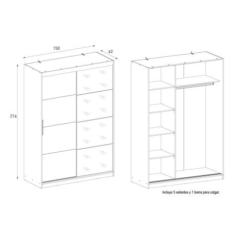 Armario 2 puertas correderas con espejo Inova 150 cm
