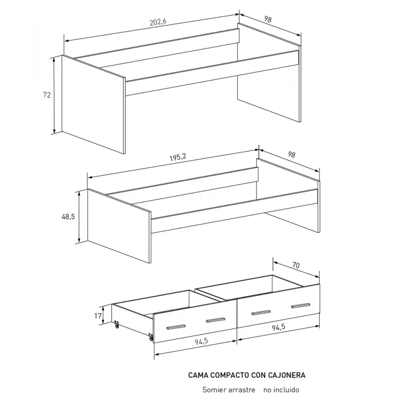 CAMA COMPACTA CAJONES MOD. AURA BEIGE O MAUVELLA O BLANCO