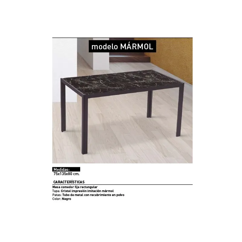 MESA COMEDOR FIJA TAPA CRISTAL MARMOL NEGRO