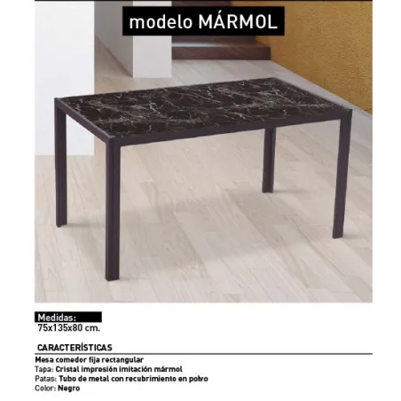 MESA COMEDOR FIJA TAPA CRISTAL MARMOL NEGRO