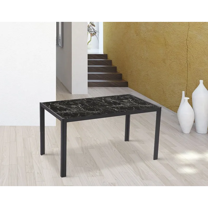 MESA COMEDOR FIJA TAPA CRISTAL MARMOL NEGRO