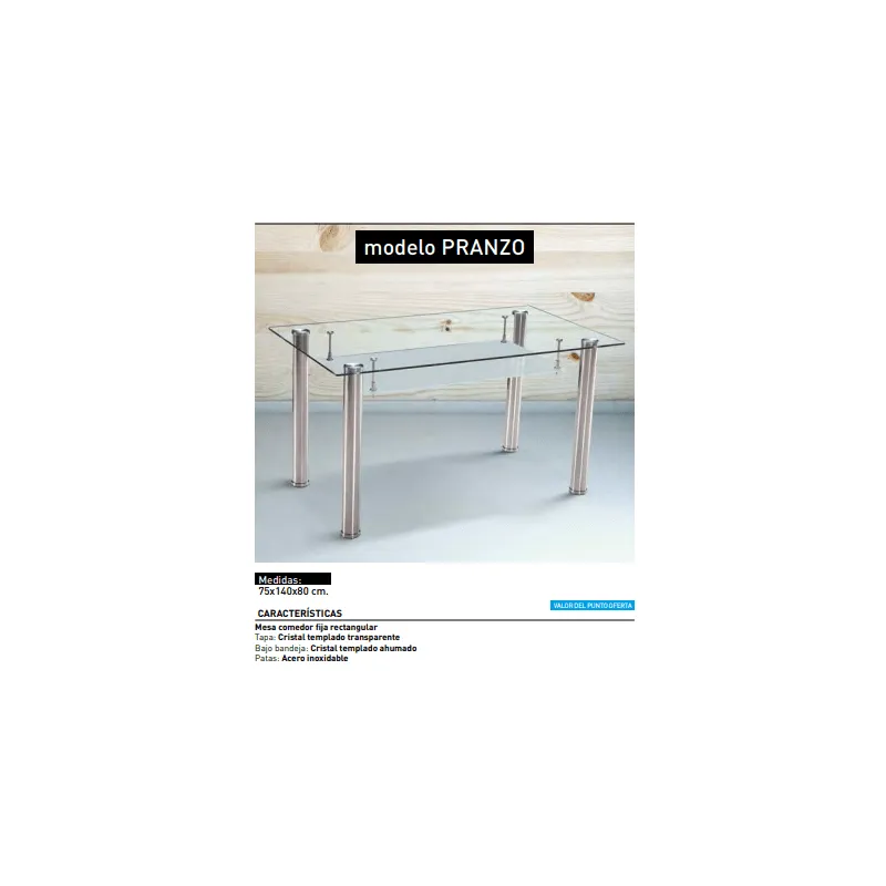 MESA COMEDOR FIJA TAPA CRISTAL PRANZO ACERO