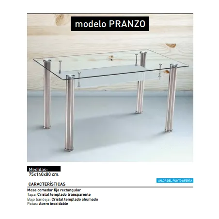 MESA COMEDOR FIJA TAPA CRISTAL PRANZO ACERO