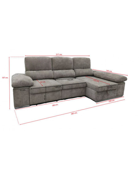 Shaiselongue cama derecha c/arcón gris o beig Nadia