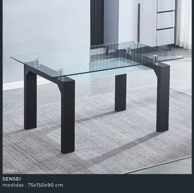 MESA COMEDOR FIJA CRISTAL TRANSPARENTE SENSEI NEGRO Y CAMBRIA RELAX MUEBLES