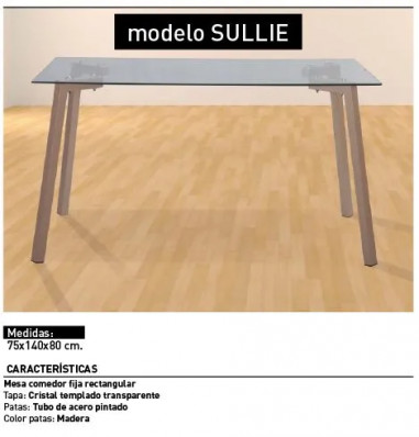 Mesa comedor Sullie pata madera tapa cristal EN RELAXMUEBLES